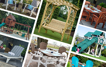 Collage of beautiful Amish-crafted furniture, playsets and arbors