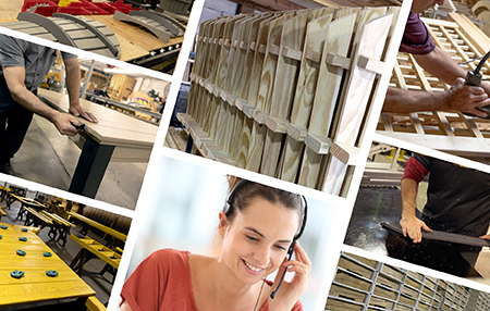 Collage of Amish-craftsmen working, wooden chairs in a row, customer service representative, staining room